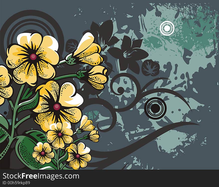 Floral grunge background with yellow flowers, leaves, circles and ornamental details. Floral grunge background with yellow flowers, leaves, circles and ornamental details.