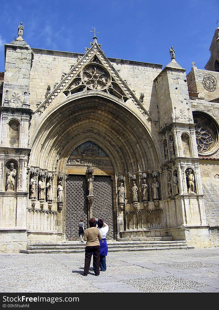 Small town colorful church Morella blue sky