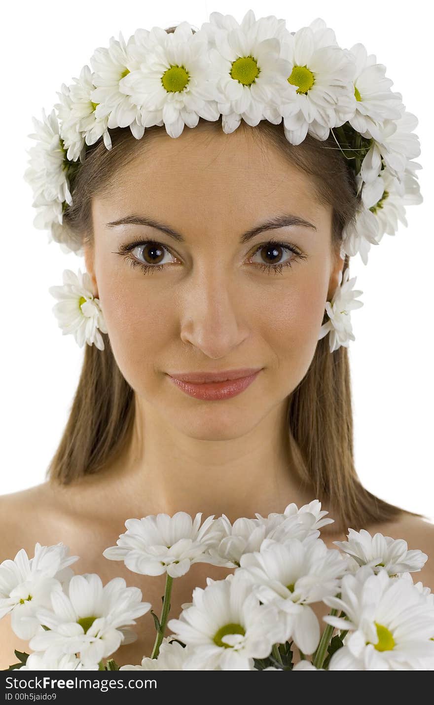 Young, beautiful and naked woman with bouquet of white flowers. White background, looking at camera. Front view. Young, beautiful and naked woman with bouquet of white flowers. White background, looking at camera. Front view