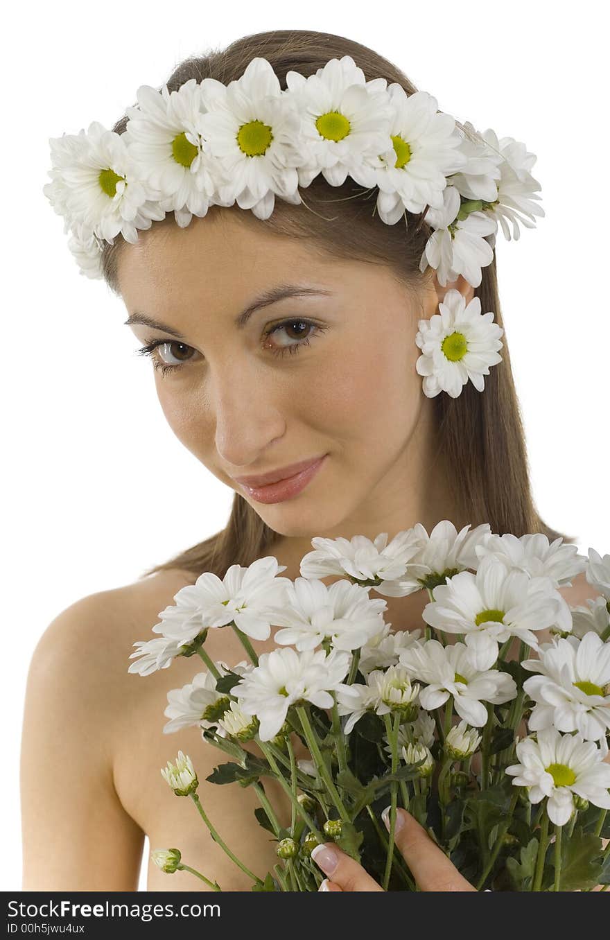 Young, beautiful and naked woman with bouquet of white flowers. White background, looking at camera. Young, beautiful and naked woman with bouquet of white flowers. White background, looking at camera.