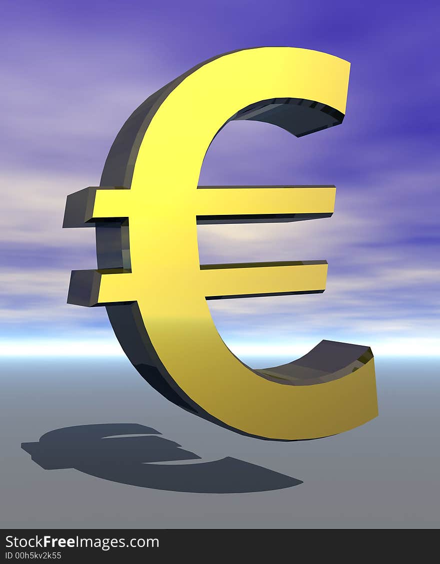 3-D gold yellow euro sign on grey background with blue sky. 3-D gold yellow euro sign on grey background with blue sky