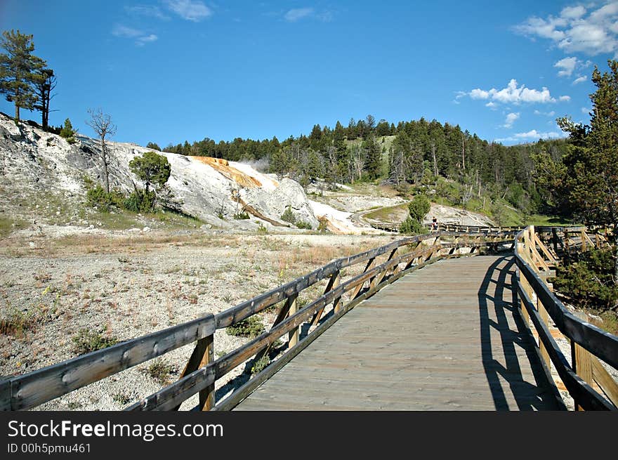 Boardwalk at Minerva Terrace in Yellowstone National Park, Wyoming. Boardwalk at Minerva Terrace in Yellowstone National Park, Wyoming.