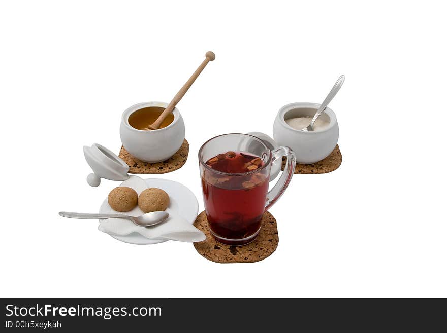 Cup of fruit tea with honey, milk and sugar. Cup of fruit tea with honey, milk and sugar