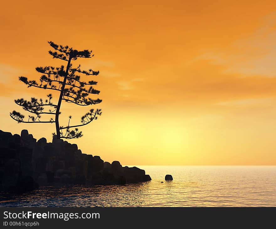 Old tree at a ocean beach - digital artwork.