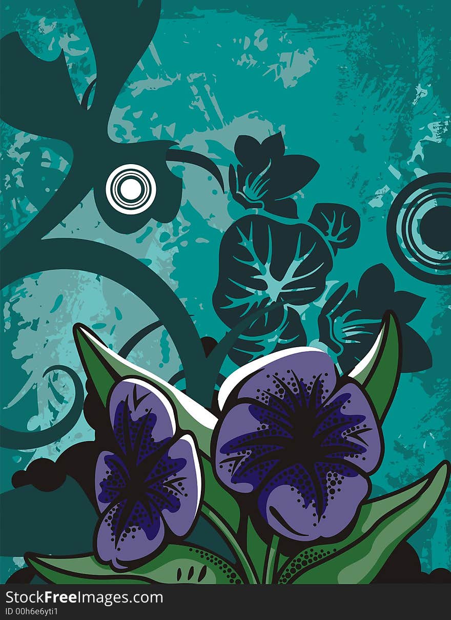 Floral grunge background with violets, leaves, circles and ornamental details. Floral grunge background with violets, leaves, circles and ornamental details.