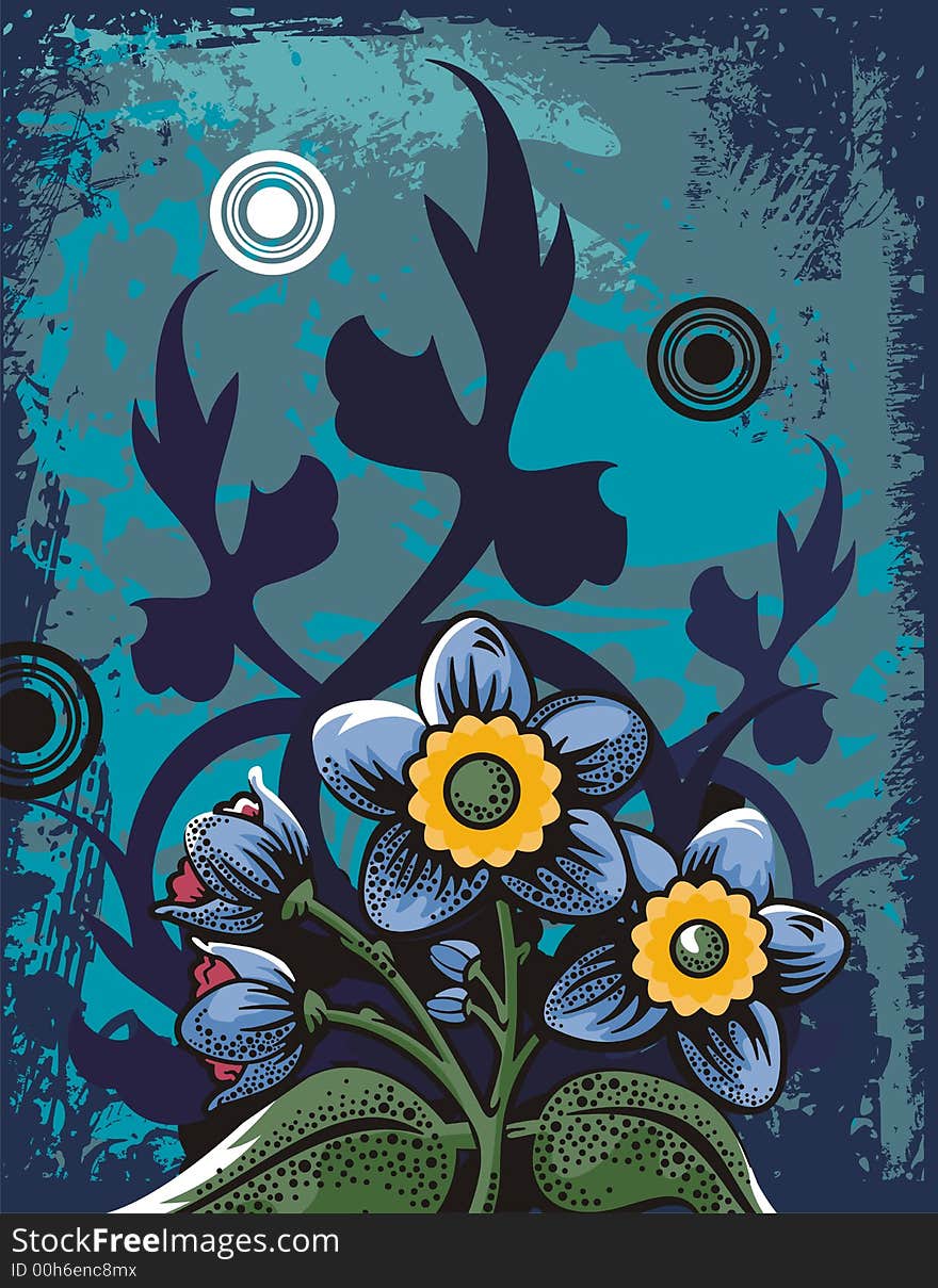 Floral grunge background with blue flowers, leaves, circles and ornamental details. Floral grunge background with blue flowers, leaves, circles and ornamental details.