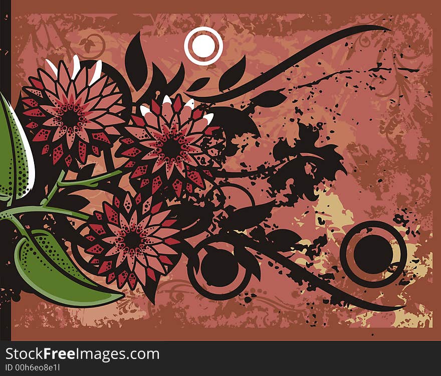 Floral grunge background with red flowers, leaves, circles and ornamental details. Floral grunge background with red flowers, leaves, circles and ornamental details.