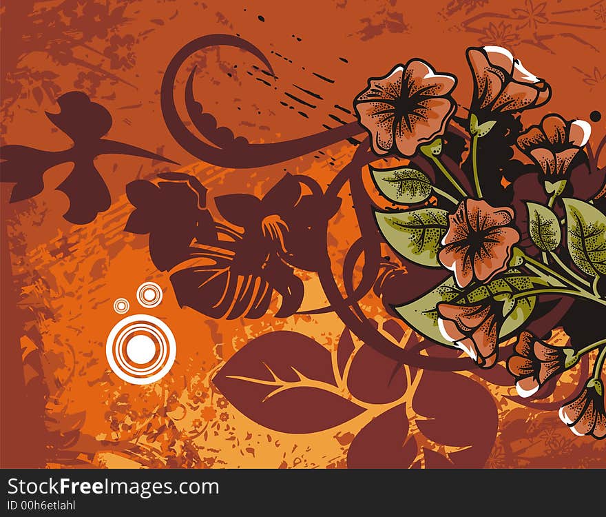 Floral grunge background with red flowers, leaves, circles and ornamental details. Floral grunge background with red flowers, leaves, circles and ornamental details.