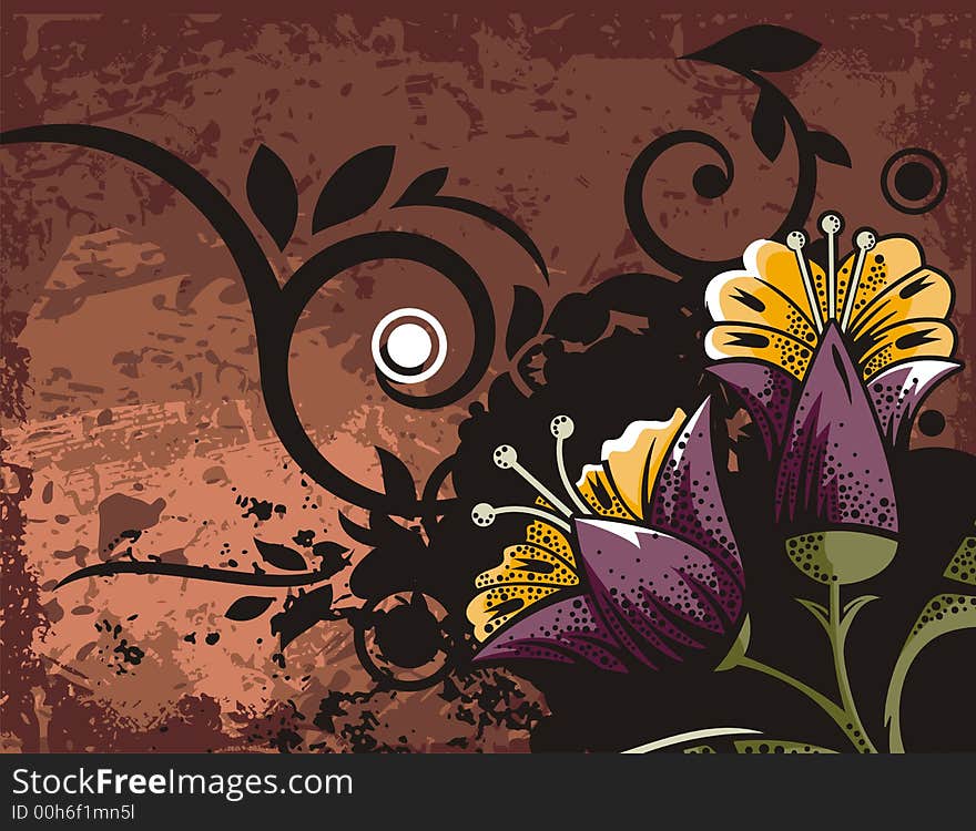 Floral grunge background with exotic flowers, leaves, circles and ornamental details. Floral grunge background with exotic flowers, leaves, circles and ornamental details.