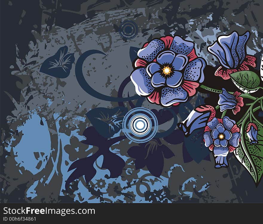 Floral grunge background with blue flowers, leaves, circles and ornamental details. Floral grunge background with blue flowers, leaves, circles and ornamental details.