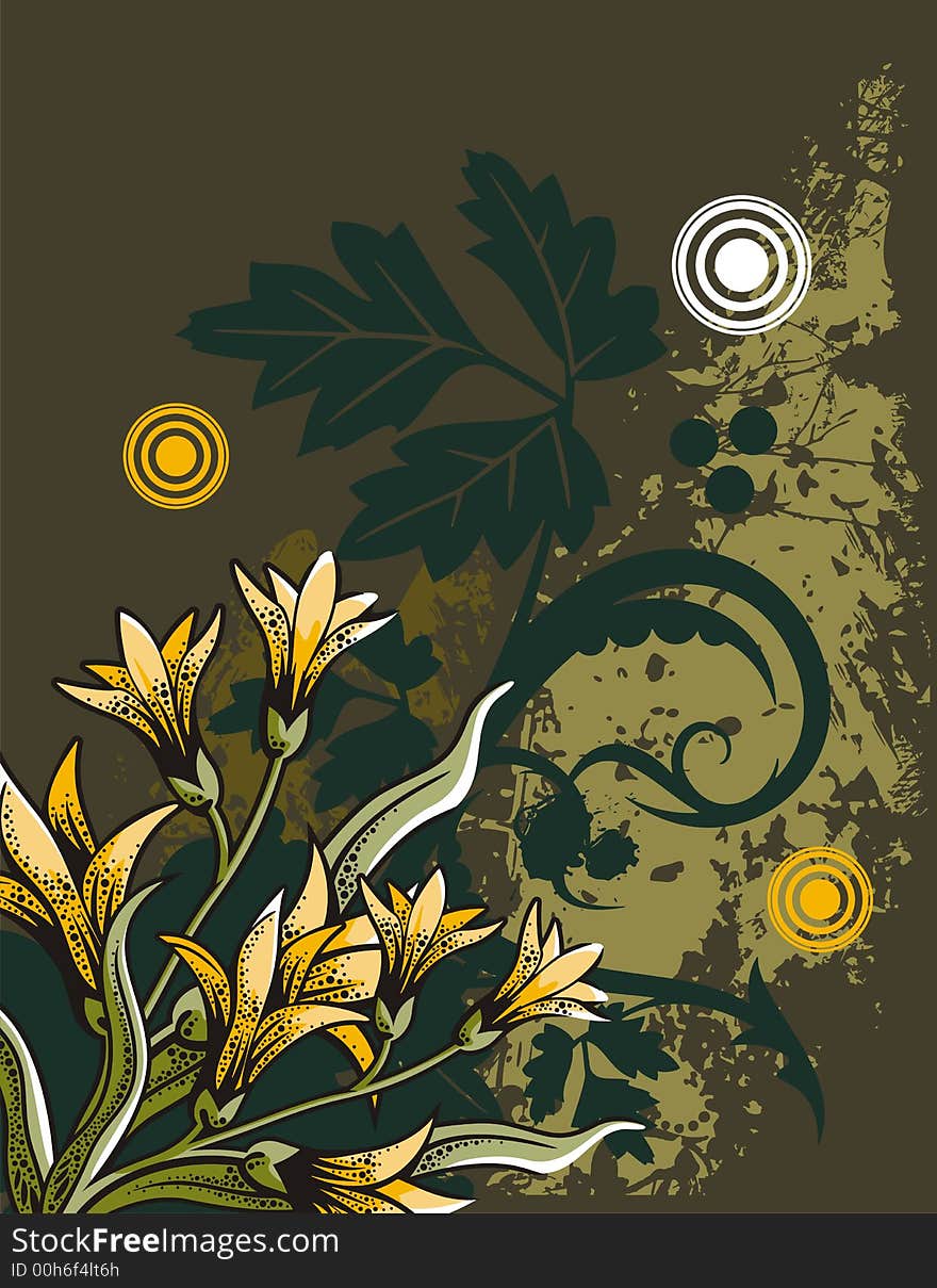 Floral grunge background with yellow flowers, leaves, circles and ornamental details. Floral grunge background with yellow flowers, leaves, circles and ornamental details.