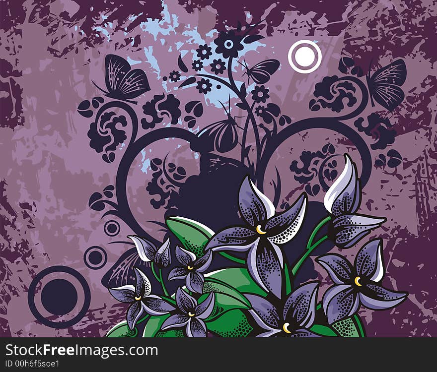 Floral grunge background with violets, butterflies, circles and ornamental details. Floral grunge background with violets, butterflies, circles and ornamental details.