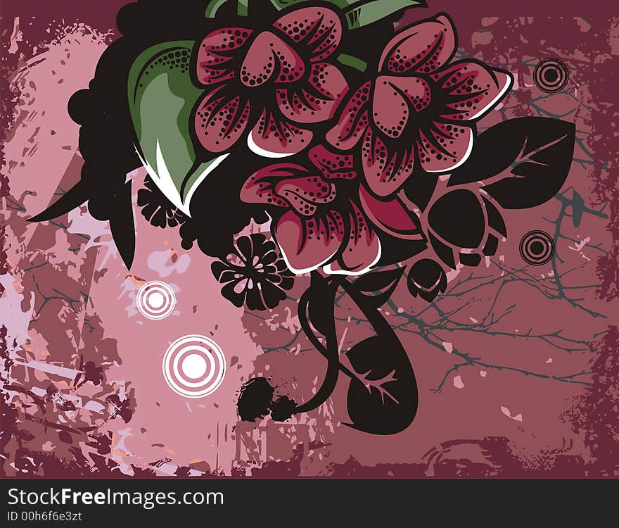 Floral grunge background with red flowers, leaves, circles and ornamental details. Floral grunge background with red flowers, leaves, circles and ornamental details.