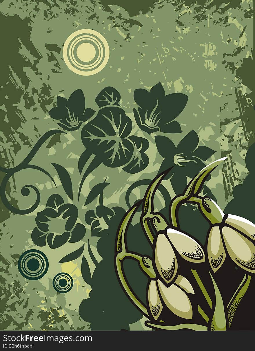 Floral grunge background with snowdrops, circles and ornamental details. Floral grunge background with snowdrops, circles and ornamental details.