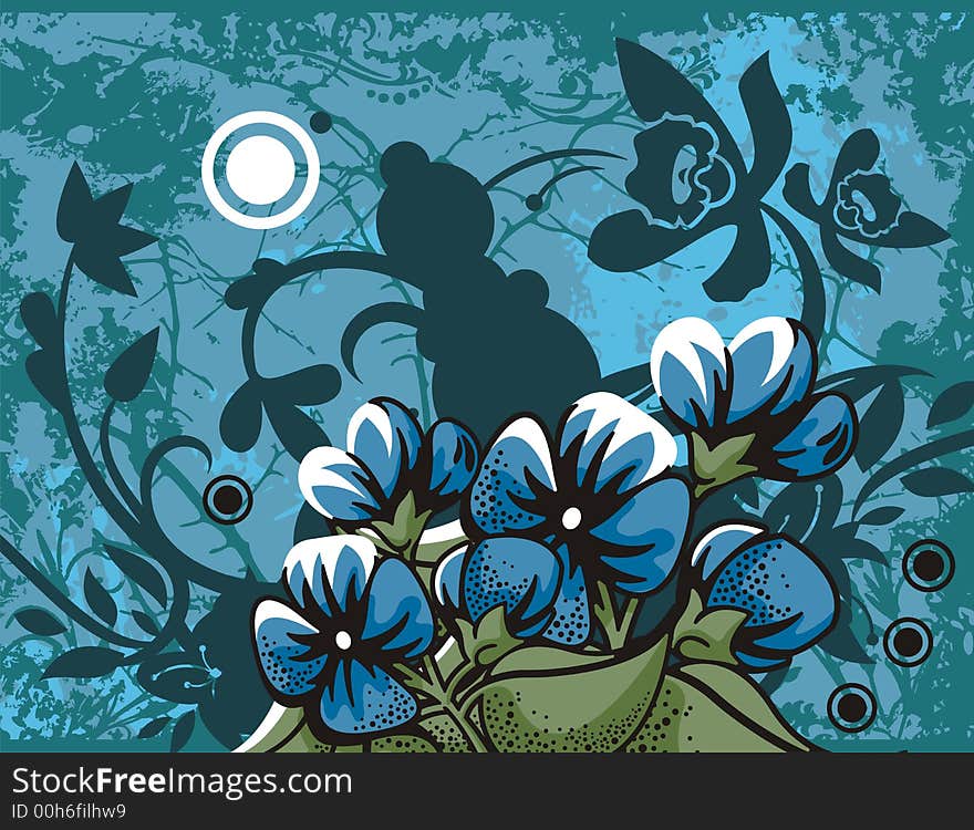 Floral grunge background with blue flowers, leaves, circles and ornamental details. Floral grunge background with blue flowers, leaves, circles and ornamental details.