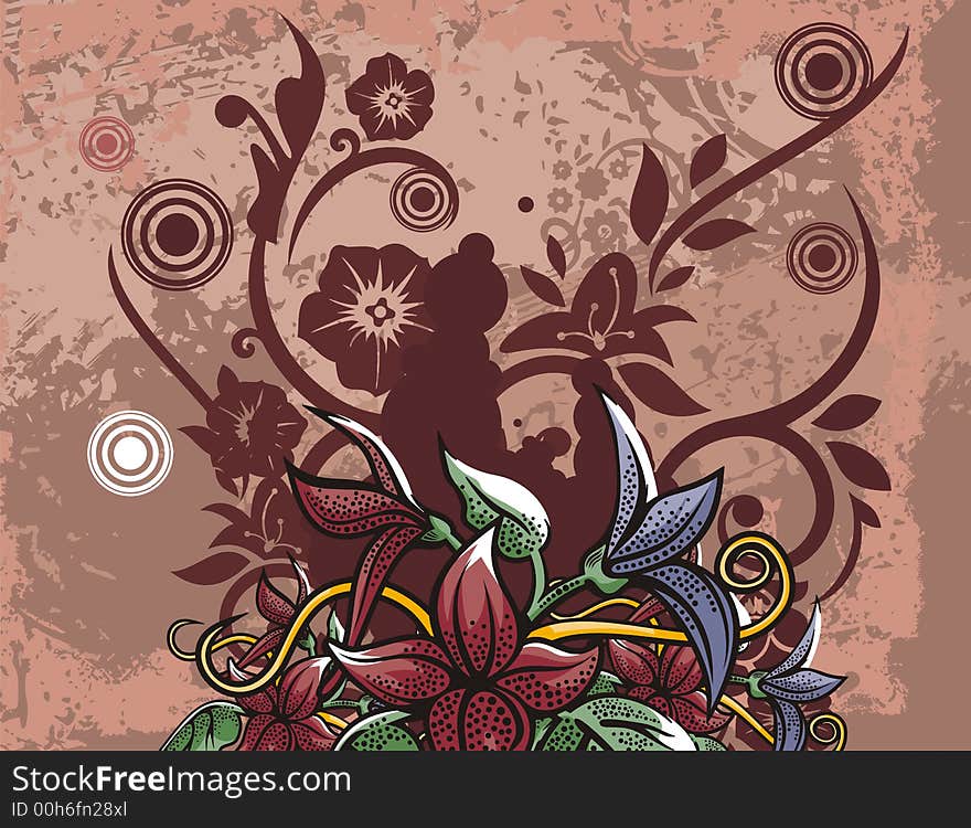 Floral grunge background with exotic flowers, leaves, circles and ornamental details. Floral grunge background with exotic flowers, leaves, circles and ornamental details.