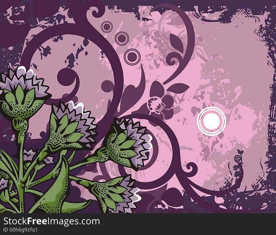 Floral grunge background with violet flowers, leaves, circles and ornamental details. Floral grunge background with violet flowers, leaves, circles and ornamental details.