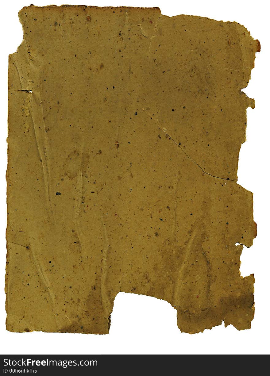 Fragment of old book paper stained and worn from age and use. Object is isolated on a white background. Fragment of old book paper stained and worn from age and use. Object is isolated on a white background