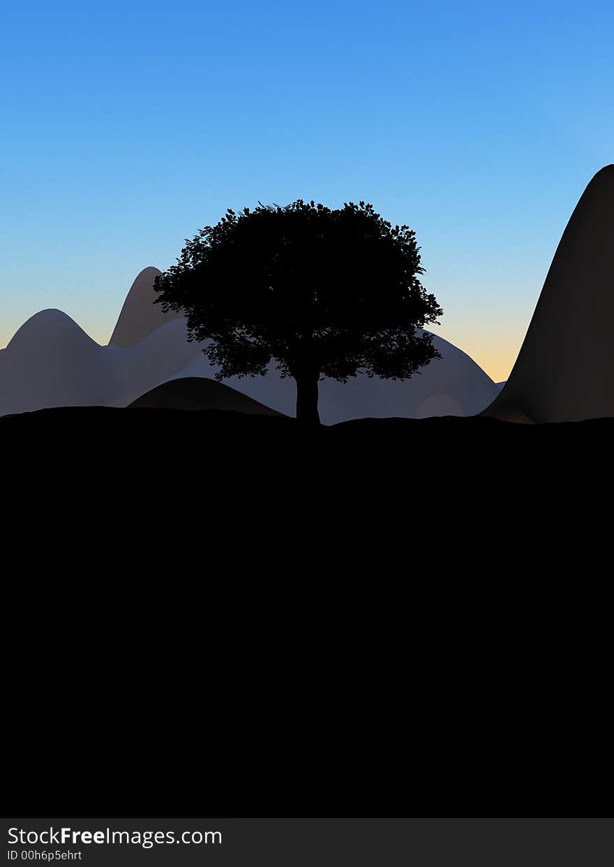 A image of a silhouette of a isolated single tree, with a sky background.