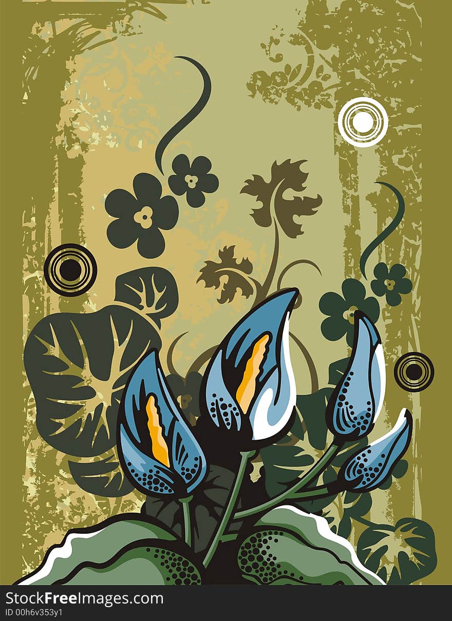 Floral grunge background with blue lilies, leaves, circles and ornamental details. Floral grunge background with blue lilies, leaves, circles and ornamental details.