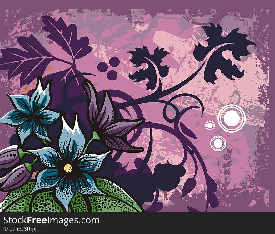 Floral grunge background with blue and violet flowers, leaves, circles and ornamental details. Floral grunge background with blue and violet flowers, leaves, circles and ornamental details.