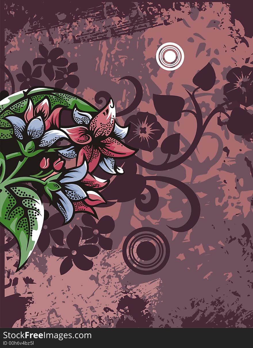 Floral grunge background with exotic flowers, leaves, circles and ornamental details. Floral grunge background with exotic flowers, leaves, circles and ornamental details.