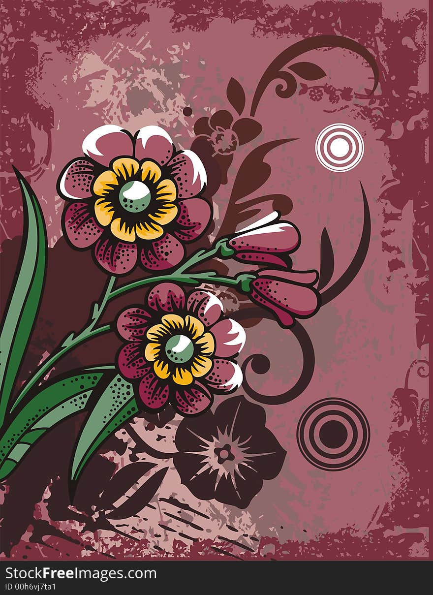 Floral grunge background with red flowers, leaves, circles and ornamental details. Floral grunge background with red flowers, leaves, circles and ornamental details.