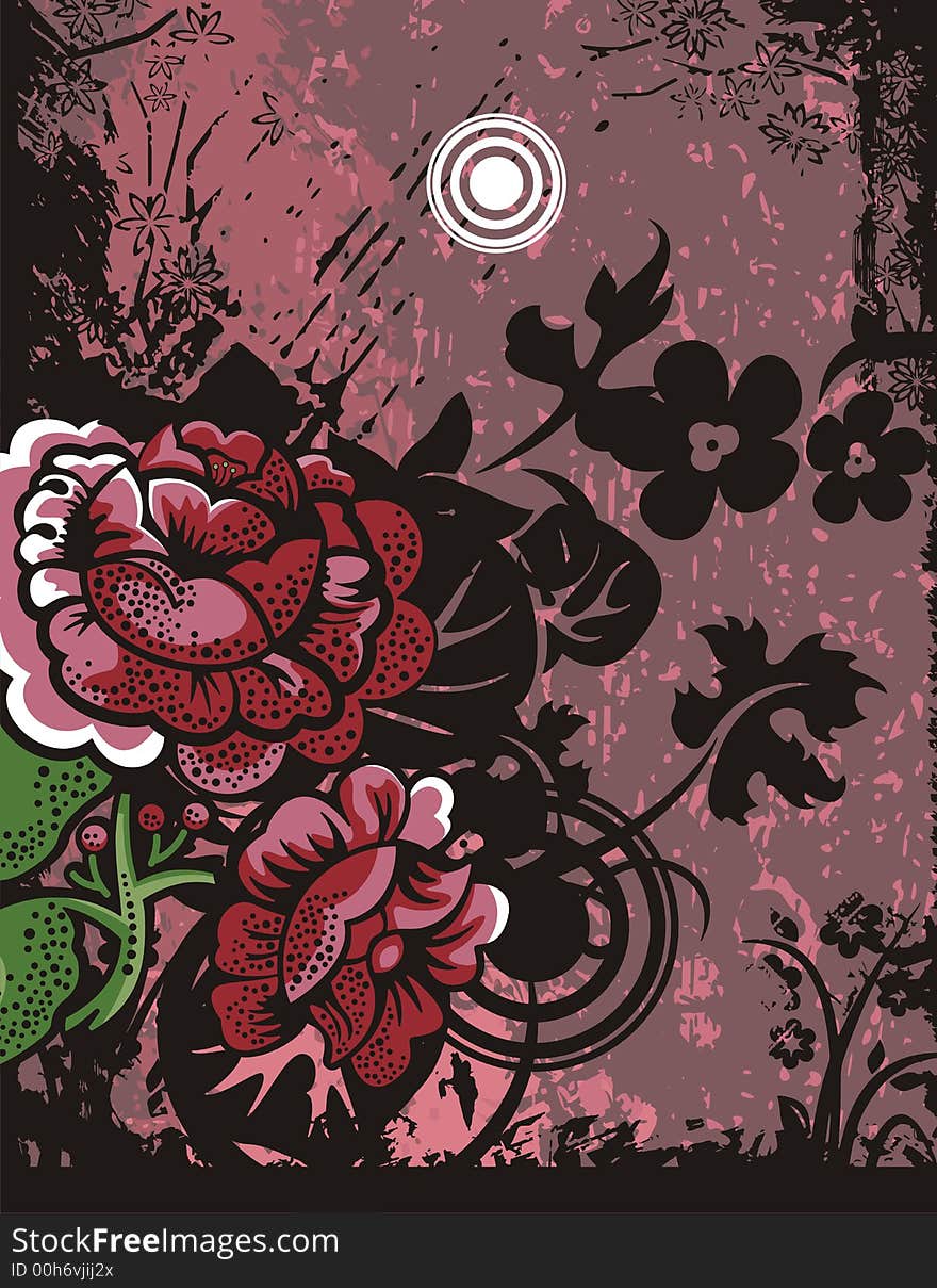 Floral grunge background with red flowers, leaves, circles and ornamental details. Floral grunge background with red flowers, leaves, circles and ornamental details.