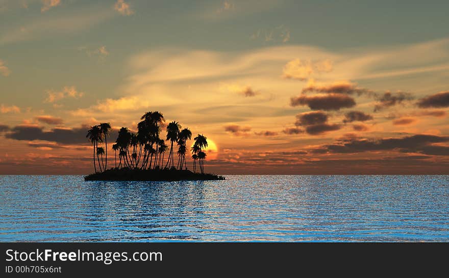 Sunset coconut palm trees on small island - 3d illustration.