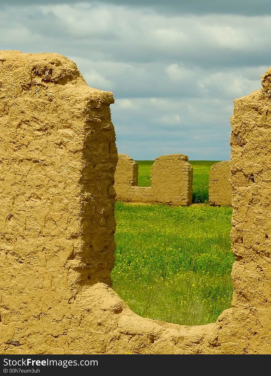 Farm ruins in steppe