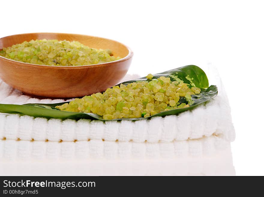 Spa salt, leaf, bowl and towel. Spa salt, leaf, bowl and towel