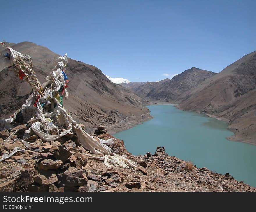 View from prayer point in Tibet down to lake. View from prayer point in Tibet down to lake