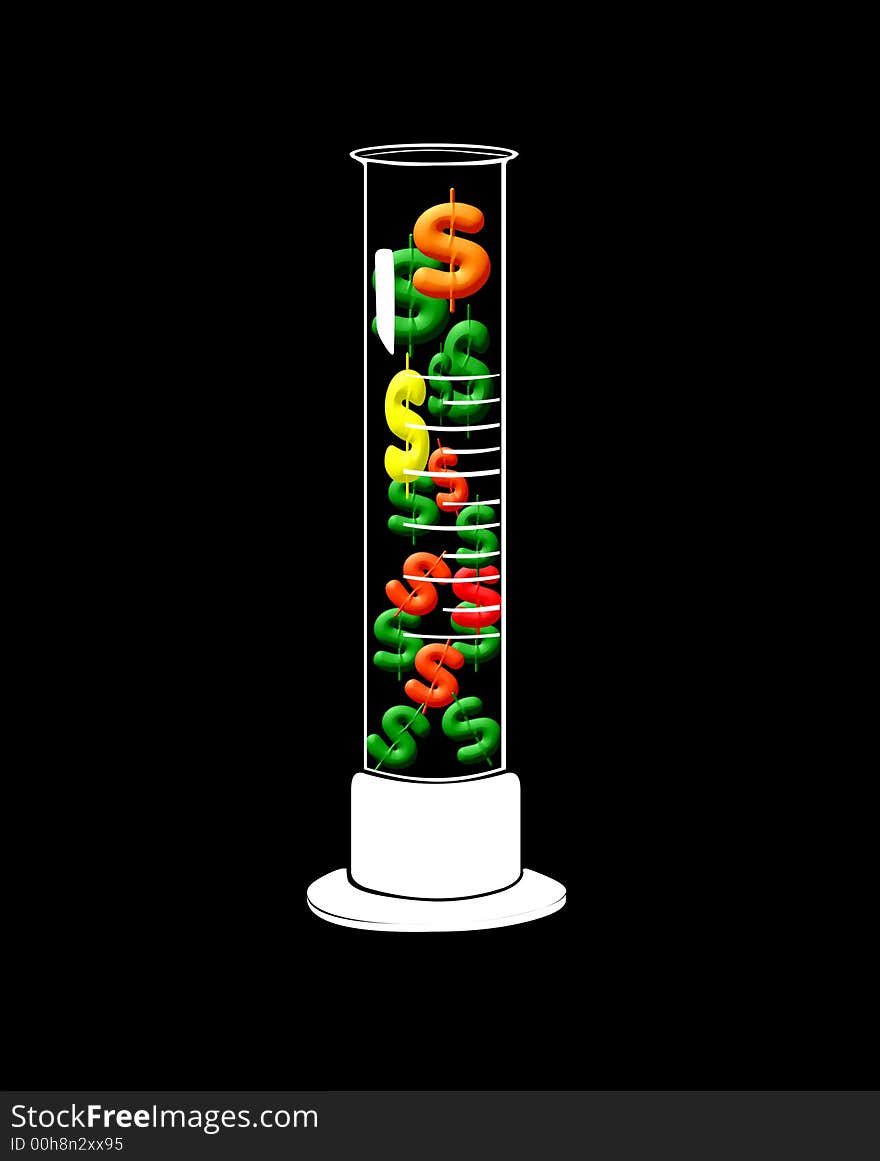 Dollar signs in a glass laboratory beaker. Dollar signs in a glass laboratory beaker