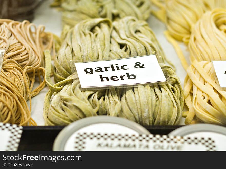 Fresh pasta being sold at the Cleveland West Side  Market in Ohio. Fresh pasta being sold at the Cleveland West Side  Market in Ohio.