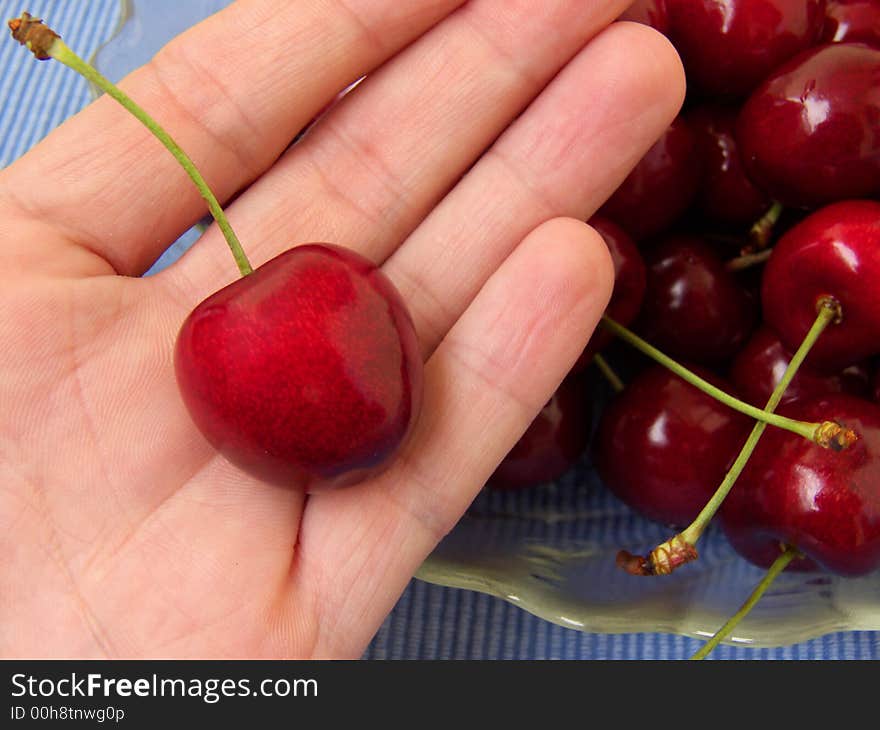 One sweet chery on the hand, 
background cherries in glassware plate