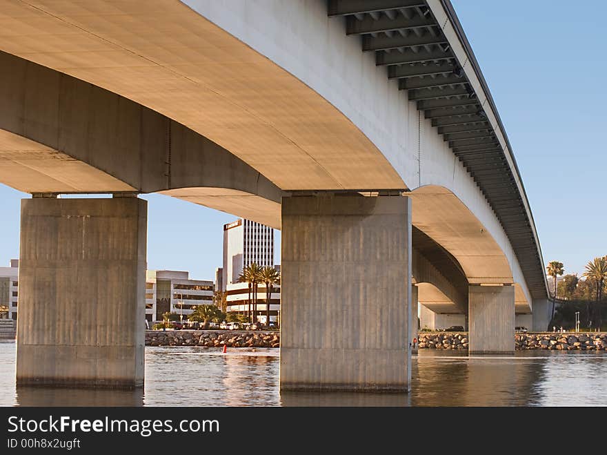 Queensway Bridge in Long Beach from underneath in late afternoon.