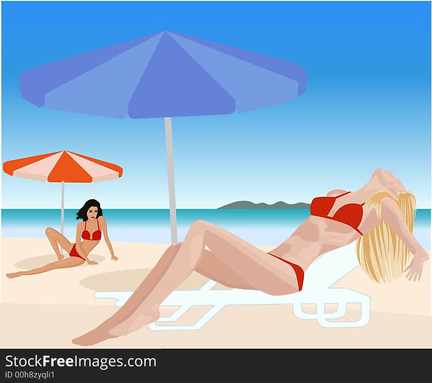 Attractive girls on beach vector illustration