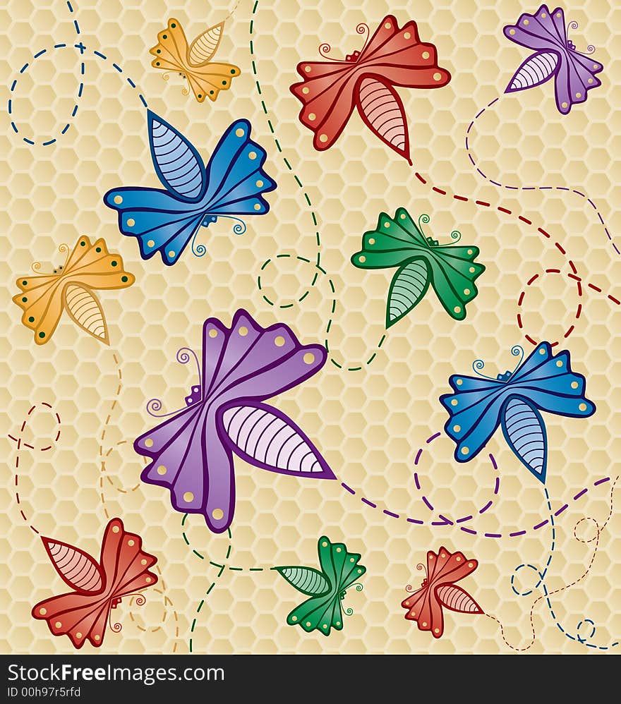 Colorful Flying Bugs, bugs and background are on seperate layers of vector file for easy editing