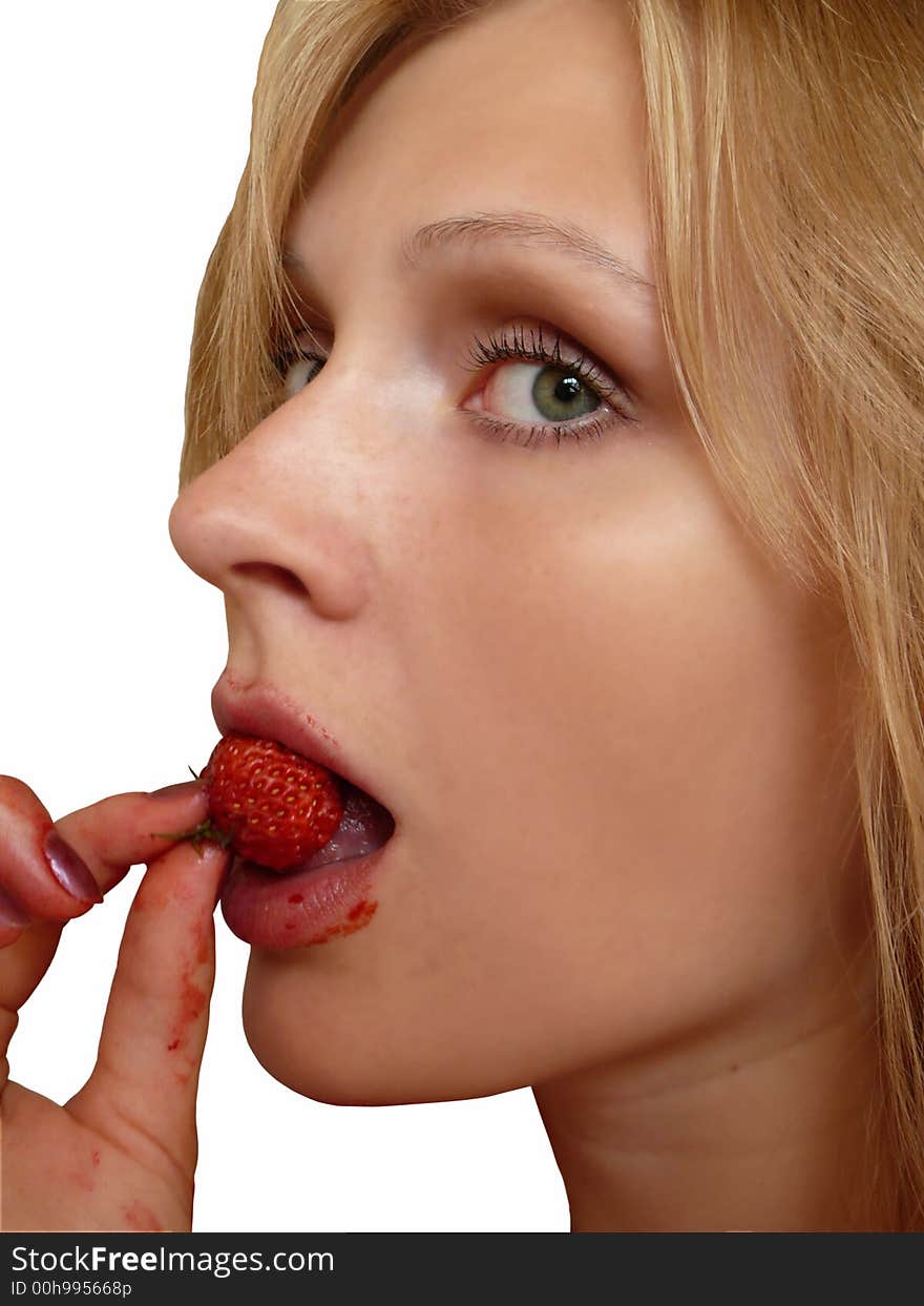 Young beautiful blond eating red strawberry, on white background. Young beautiful blond eating red strawberry, on white background