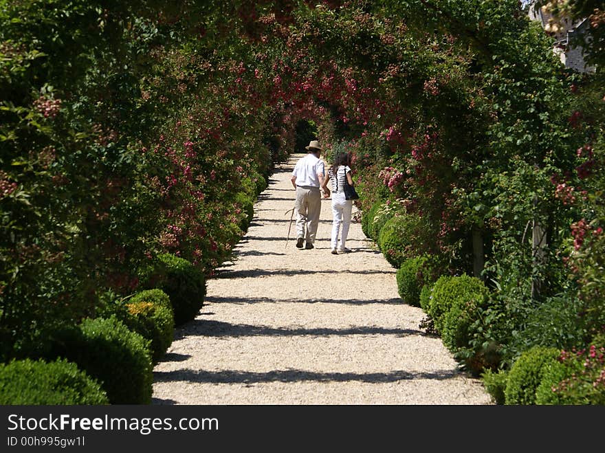 A couple holding hands in a nice garden path. A couple holding hands in a nice garden path