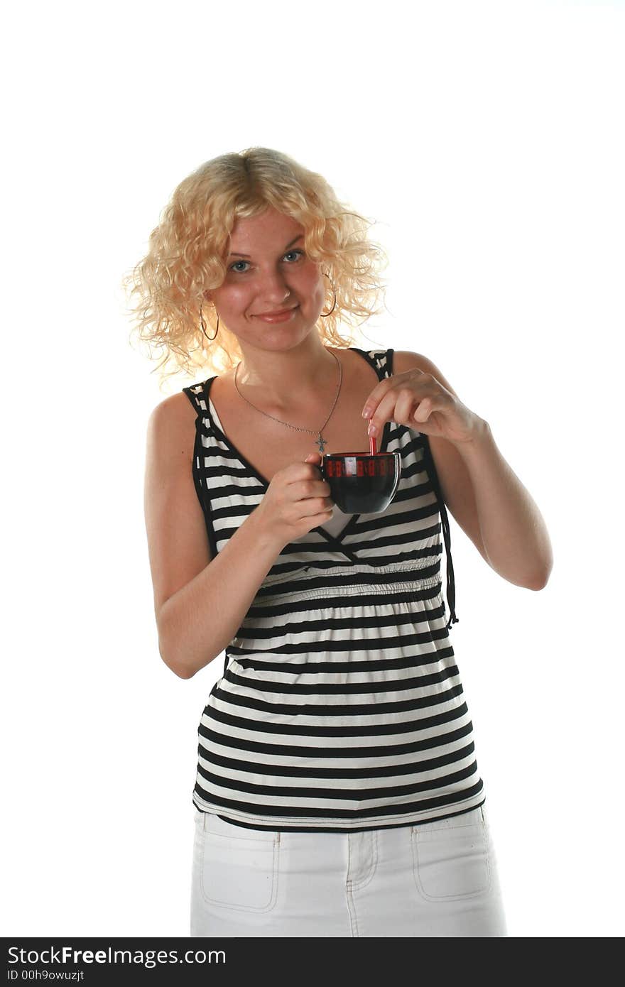 Girl with a cup of coffee on a white background