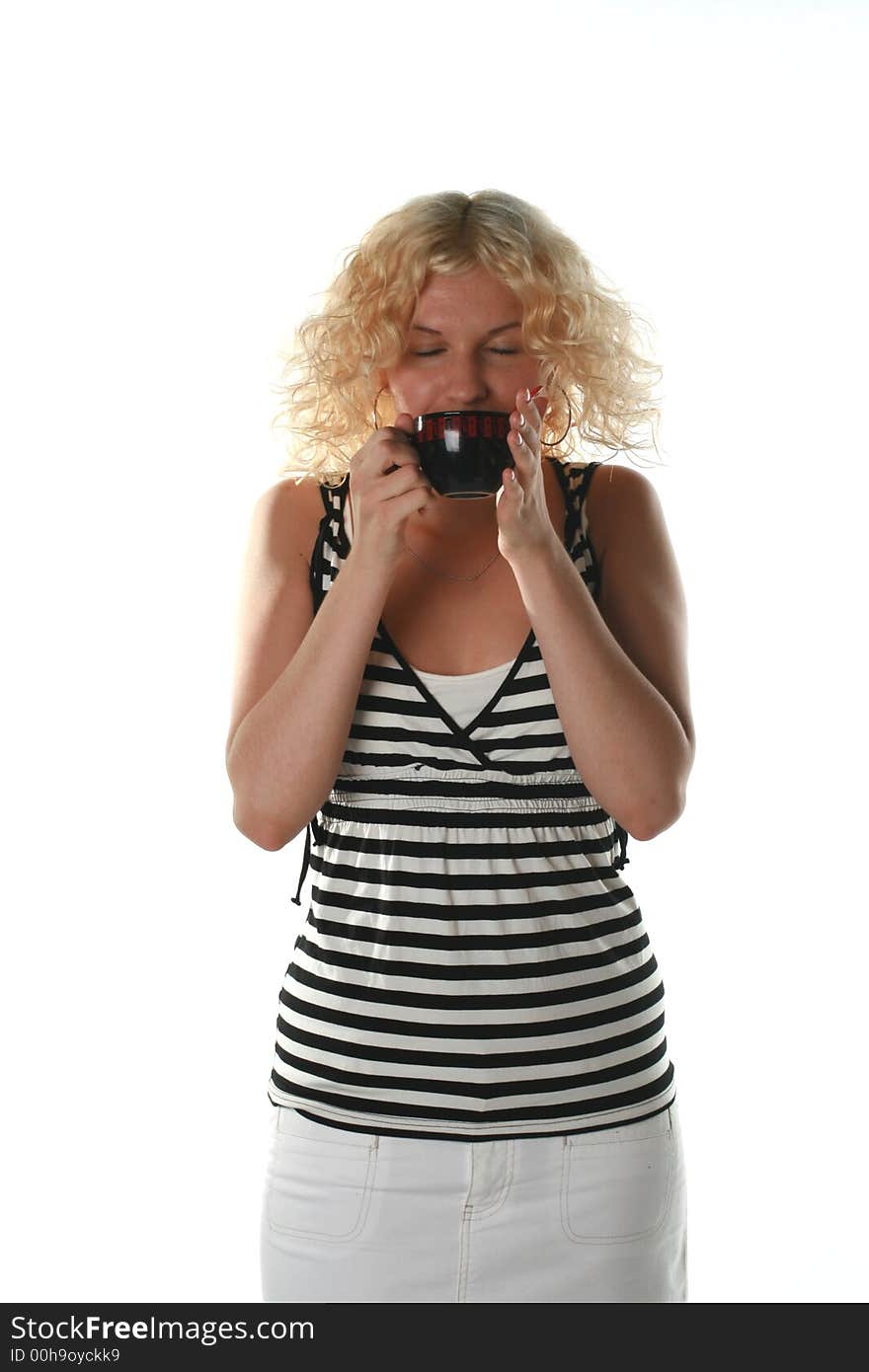 Girl with a cup of coffee on a white background