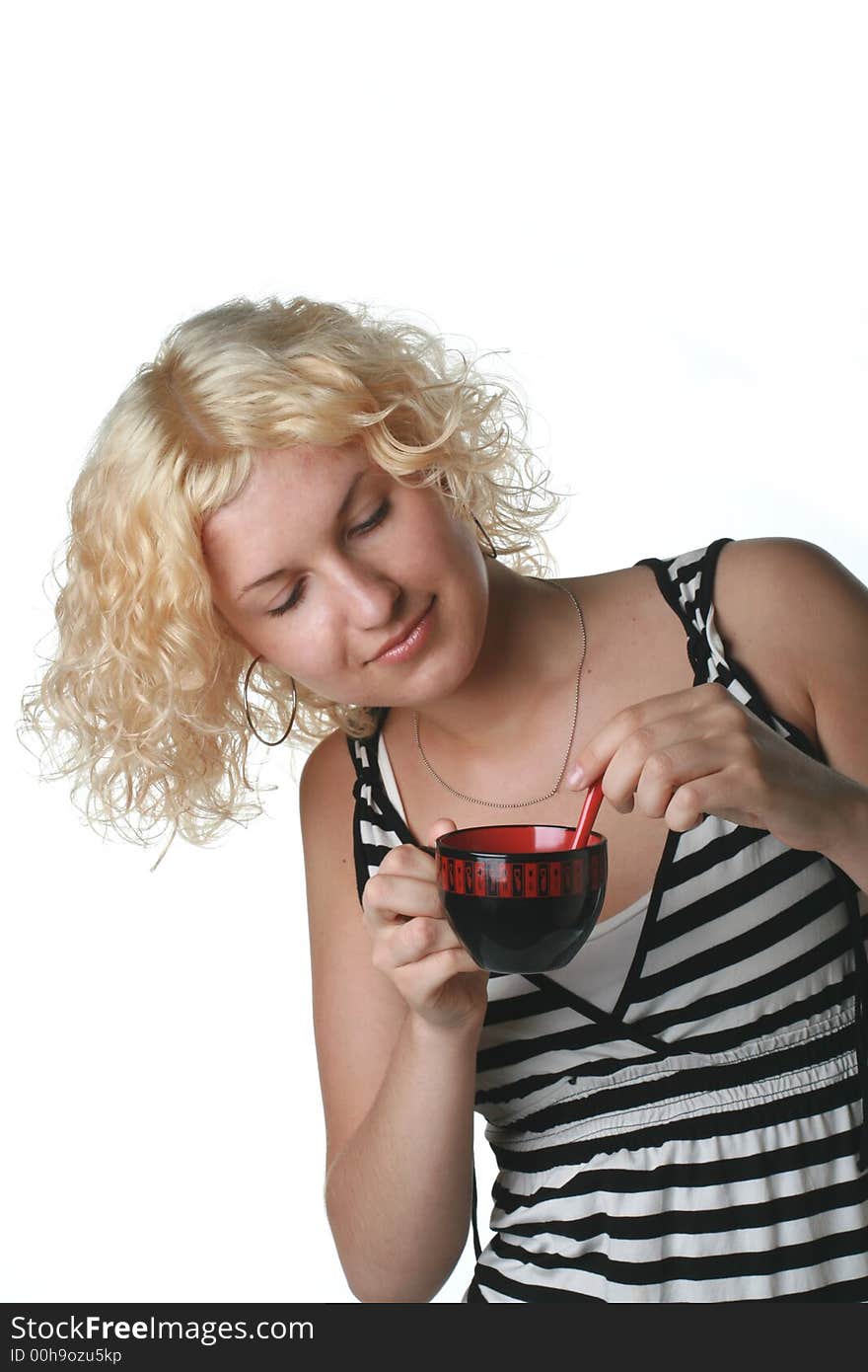 Girl with a cup of coffee on a white background