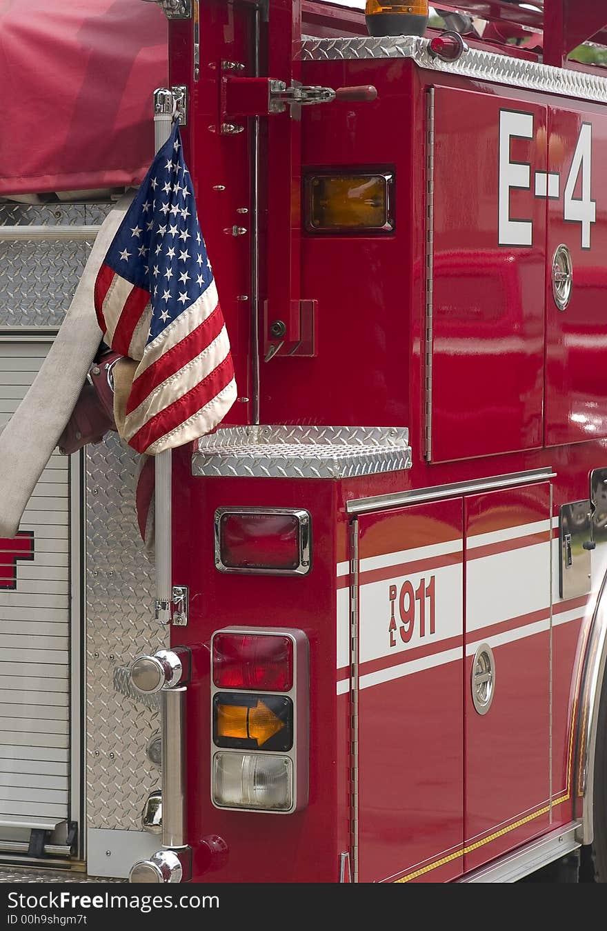 American Flag posted on Fire Truck. American Flag posted on Fire Truck