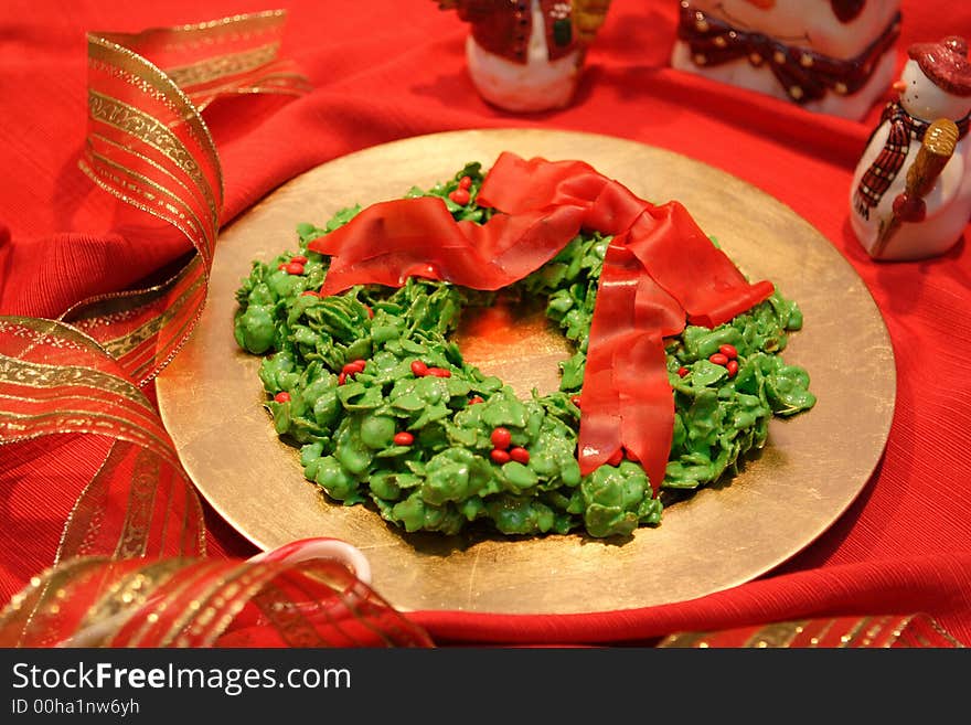 Edible Christmas wreath, green and red corn flake dish. Edible Christmas wreath, green and red corn flake dish