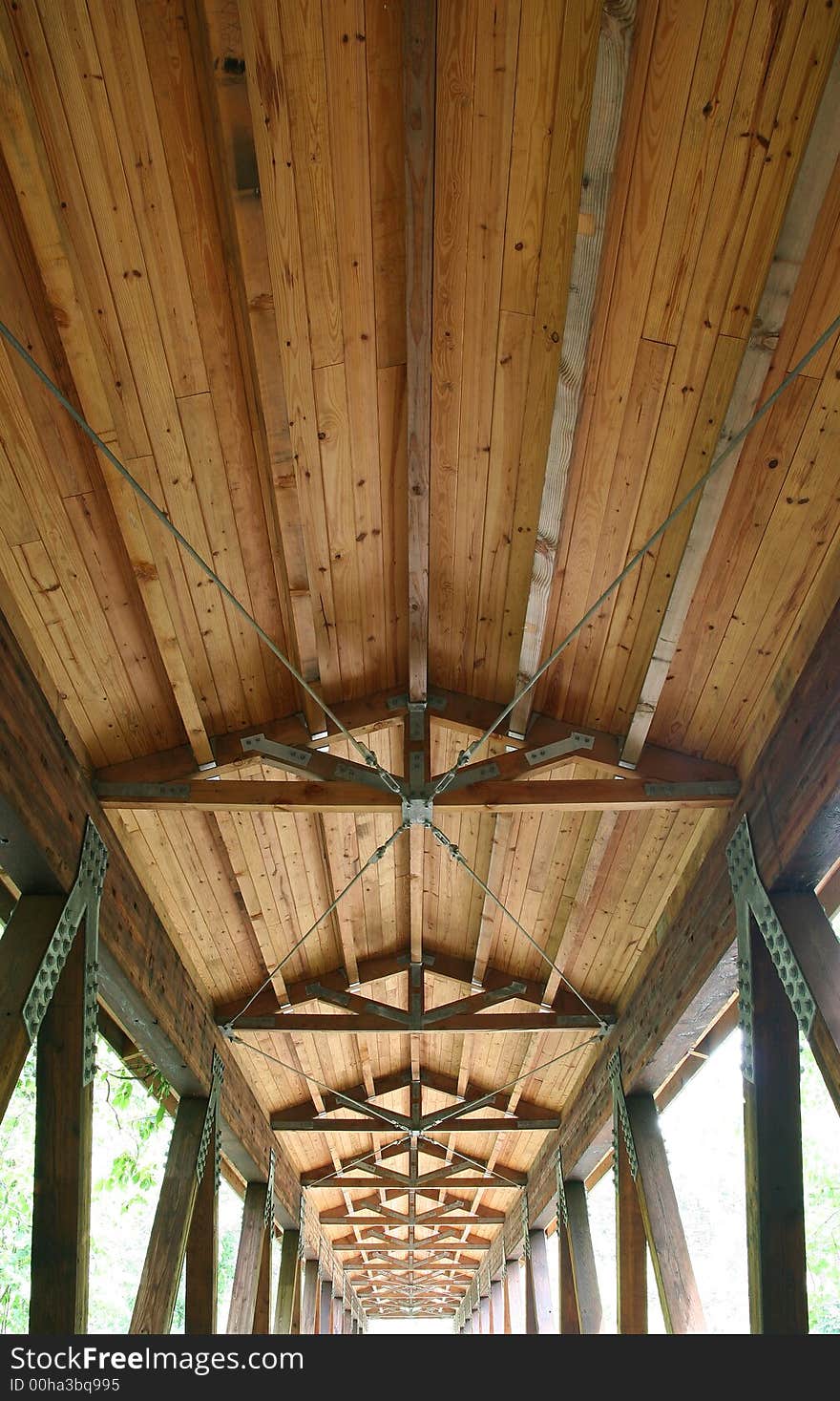 Beams on roof of an old wooden bridge. Beams on roof of an old wooden bridge