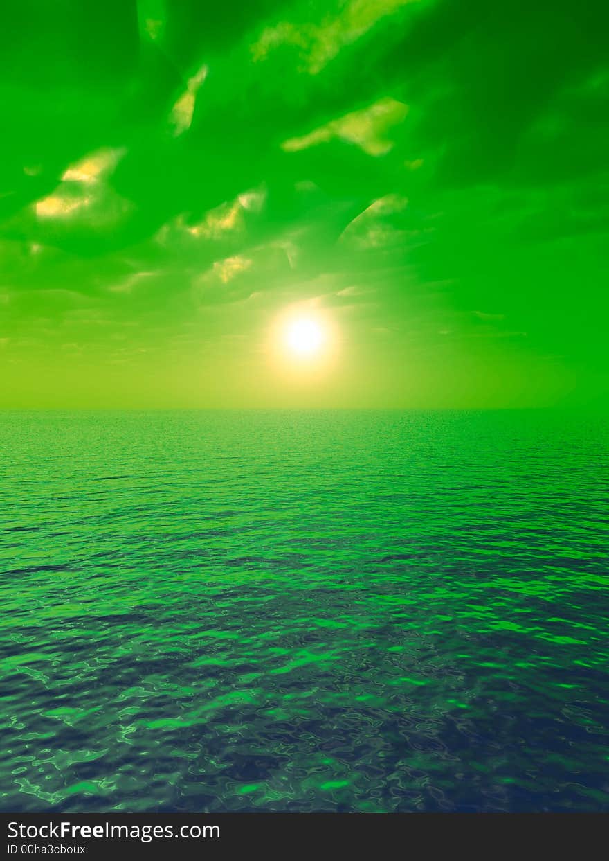 Green sea and sky at sunset - digital artwork. Green sea and sky at sunset - digital artwork