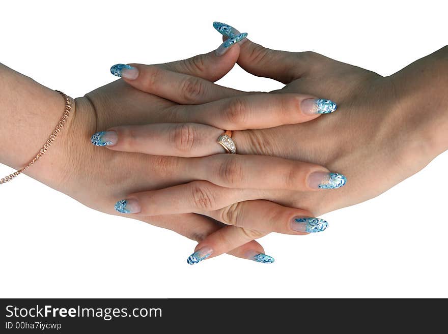 Two hands with the crossed fingers decorated with manicure