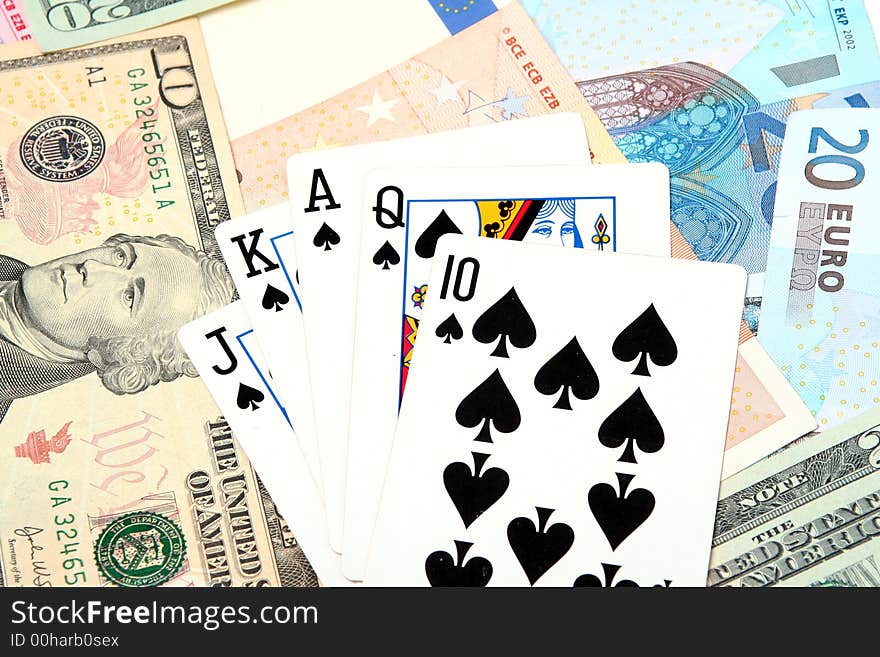 Playing cards prize of money in a casino. Playing cards prize of money in a casino