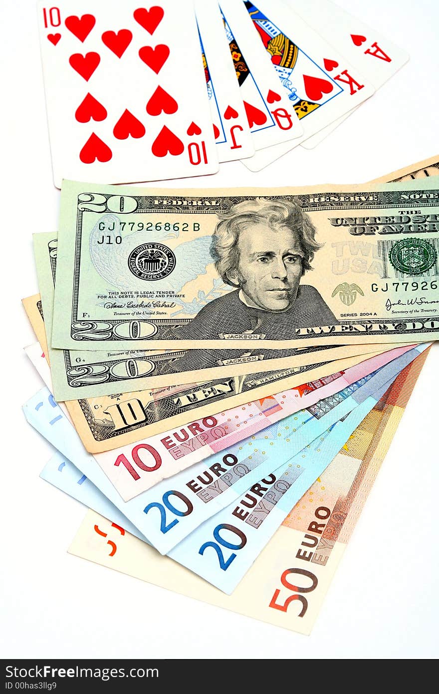 Playing cards prize of money in a casino. Playing cards prize of money in a casino